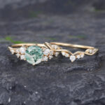 Pattiring Unique Moss Agate Yellow Gold Engagement Ring Set