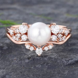 Pattiring Unique Pearl Rose Gold Engagement Ring Set