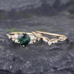 Pattiring Unique Teal Sapphire Yellow Gold Engagement Ring Set