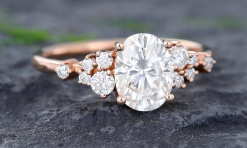 Pattiring Rose Gold Oval Cut Moissanite Diamond Cluster Engagement Ring 3