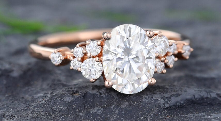 Pattiring Rose Gold Oval Cut Moissanite Diamond Cluster Engagement Ring 3