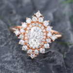 Pattiring Rose Gold Oval Cut Moissanite Diamond Halo Engagement Ring 1