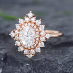 Pattiring Rose Gold Oval Cut Moissanite Diamond Halo Engagement Ring 2