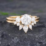 Pattiring Three Stones Yellow Gold Moissanite Engagement Ring Set 3