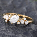 Pattiring Yellow Gold Vintage Oval Cut Moissanite and Diamond Cluster Engagement Ring 4
