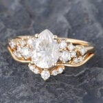 2PCS Pear Shaped Moissanite Cluster Bridal Ring Set 14K Yellow Gold