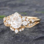 2PCS Pear Shaped Moissanite Cluster Bridal Ring Set 14K Yellow Gold
