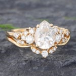 2PCS Pear Shaped Moissanite Cluster Bridal Ring Set 14K Yellow Gold