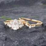 2PCS Pear Shaped Moissanite Cluster Bridal Ring Set 14K Yellow Gold