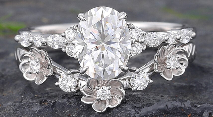 Floral White Gold Moissanite Engagement Ring Set Floral White Gold Moissanite Engagement Ring Set