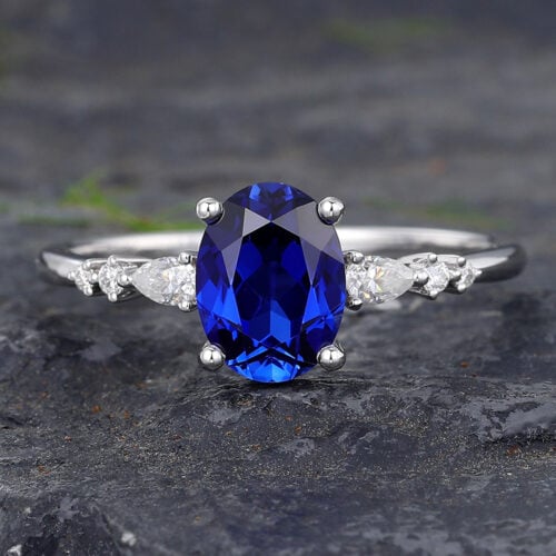 Oval Blue Sapphire & Diamond Engagement Ring 14K White Gold