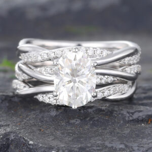 14k White Gold Moissanite Ring 3PCS Twisted Engagement Ring Set