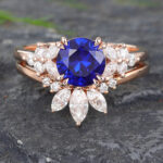 Floral Blue Sapphire Wedding Ring Set Vintage Rose Gold Ring Set 2PCS
