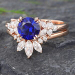 Floral Blue Sapphire Wedding Ring Set Vintage Rose Gold Ring Set 2PCS