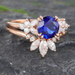 Floral Blue Sapphire Wedding Ring Set Vintage Rose Gold Ring Set 2PCS