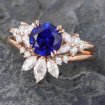Floral Blue Sapphire Wedding Ring Set Vintage Rose Gold Ring Set 2PCS