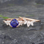 Floral Blue Sapphire Wedding Ring Set Vintage Rose Gold Ring Set 2PCS