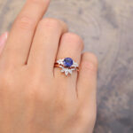 Floral Blue Sapphire Wedding Ring Set Vintage Rose Gold Ring Set 2PCS