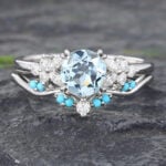 Floral Round Cut Aquamarine Wedding Ring Set Vintage White Gold 2PCS