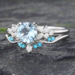 Floral Round Cut Aquamarine Wedding Ring Set Vintage White Gold 2PCS