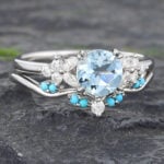 Floral Round Cut Aquamarine Wedding Ring Set Vintage White Gold 2PCS