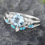 Floral Round Cut Aquamarine Wedding Ring Set Vintage White Gold 2PCS