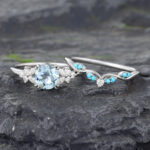 Floral Round Cut Aquamarine Wedding Ring Set Vintage White Gold 2PCS