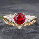 2PCS Ruby Wedding Ring Set Gold Nature Inspired Ring Set