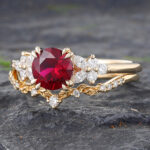 2PCS Ruby Wedding Ring Set Gold Nature Inspired Ring Set