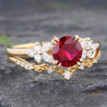 2PCS Ruby Wedding Ring Set Gold Nature Inspired Ring Set