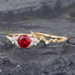 2PCS Ruby Wedding Ring Set Gold Nature Inspired Ring Set