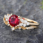 2PCS Ruby Wedding Ring Set Gold Nature Inspired Ring Set