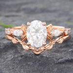 Rose Gold Engagement Ring Set Oval Shaped Vintage Moissanite Rings