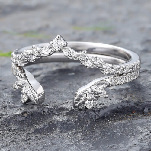 Leaf Design White Gold Moissanite Wedding Ring Set