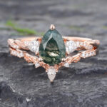 Pear Cut Engagement Ring Set Moss Agate Engagement Ring