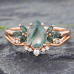 Promise Rings Moss Agate with Curved Rose Gold Wedding Band set