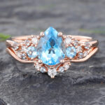 Pear Shaped Engagement Ring Set Rose Gold Jewelry Blue Topaz Ring
