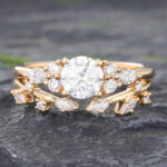 Art Deco Moissanite Ring Yellow Gold Cluster Wedding Ring Set