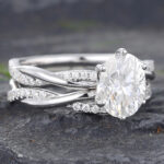 2PCS Oval Moissanite Twisted Engagement Ring Set Wedding Set White Gold