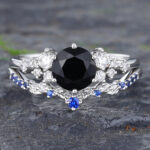 Black Onyx and Diamond Ring Sapphire Ring Gold Curved Wedding Band