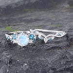 2PCS Moonstone & London Blue Topaz Engagement Ring Set 14K White Gold