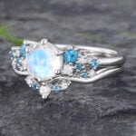 2PCS Moonstone & London Blue Topaz Engagement Ring Set 14K White Gold
