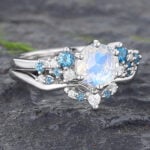 2PCS Moonstone & London Blue Topaz Engagement Ring Set 14K White Gold