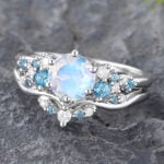2PCS Moonstone ring& London Blue Topaz Engagement Ring Set 14K White Gold