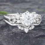 Round Moissanite Engagement Ring Set White Gold Bridal Set - 2PCS