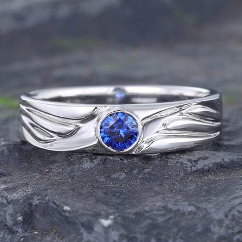 Sapphire Wedding Band for Men Wings White Gold Stacking Ring