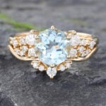 Blue Topaz vs Aquamarine Bridal Ring Set Yellow Gold Moissanite Wedding Ring Sets