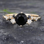 Round Black Onyx Cluster Engagement Ring 14K Yellow Gold