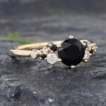 Round Black Onyx Cluster Engagement Ring 14K Yellow Gold