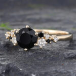 Round Black Onyx Cluster Engagement Ring 14K Yellow Gold